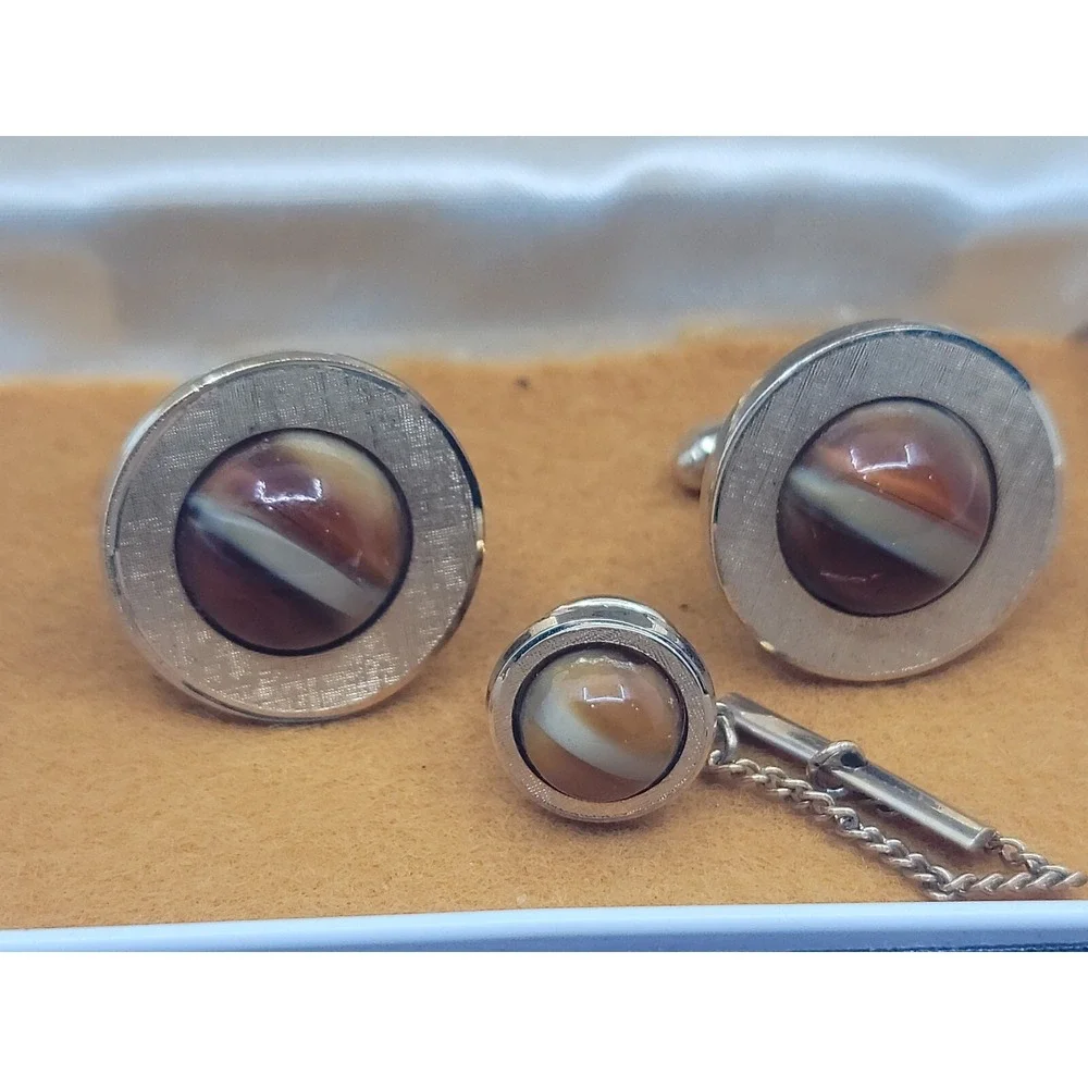 VINTAGE ANSON MID CENTURY GOLD TONE CATS EYE CUFFLINKS & TIE PIN ORIGINAL BOX